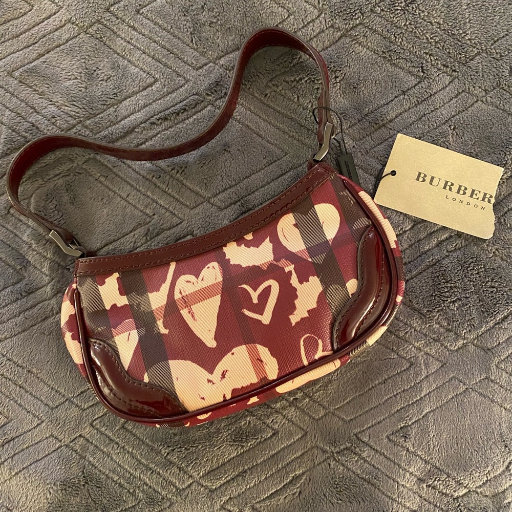 Burberry Burgundy Hearts Nova Check Patent Leather Mini Bag